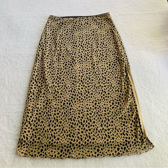 Dresses & Skirts - Cheetah Leopard Print Side Slit Tan & Black Stretchy Bodycon Midi Skirt | Large